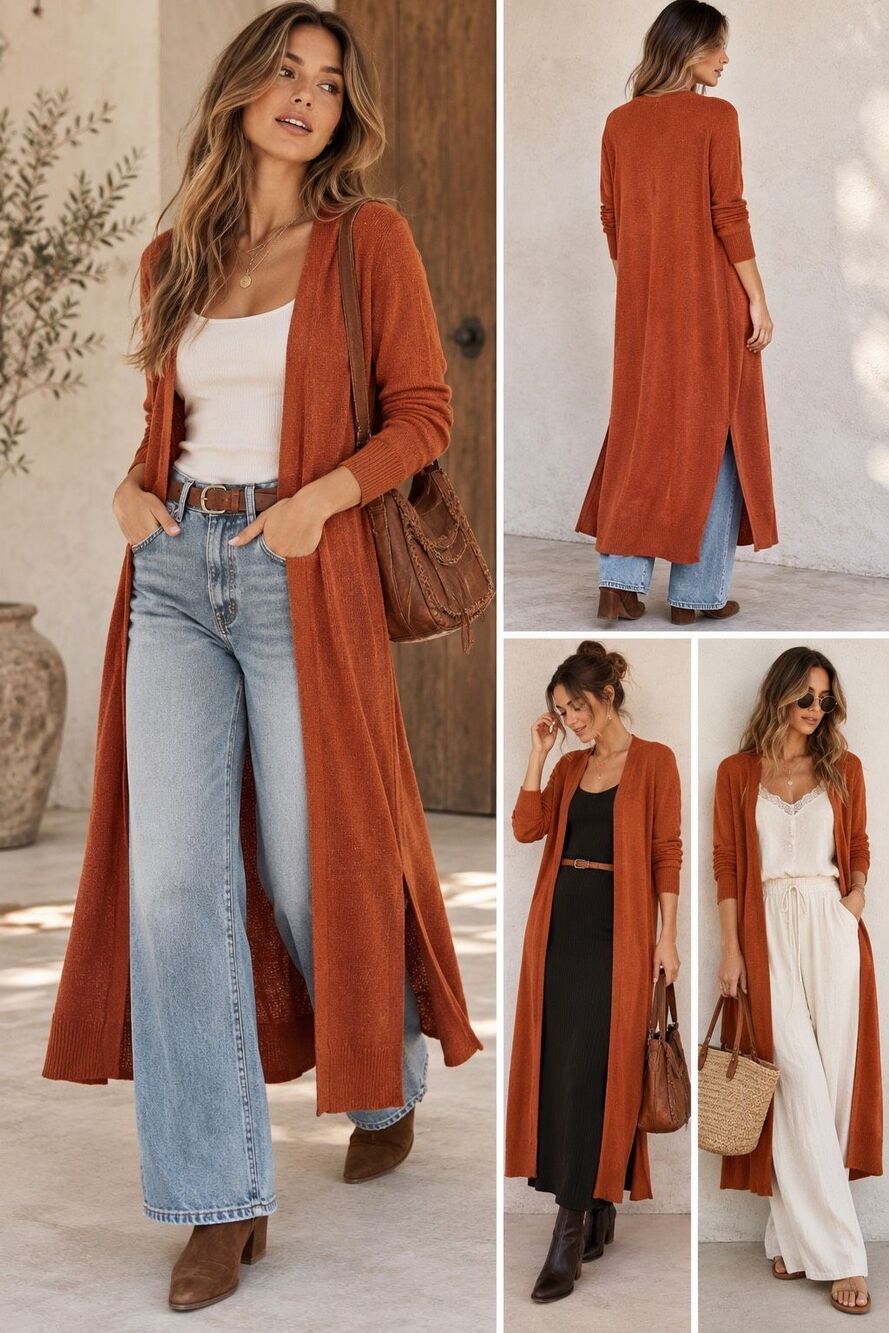ZARA Rust Orange Terracotta Linen Blend Duster Cardigan M Longline Open Front Bo